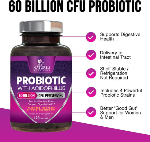 Probiotics 60 Billion CFU, with Prebiotics for Digestive & Immune Health Support, 120 Capsules, Soy & Gluten Free