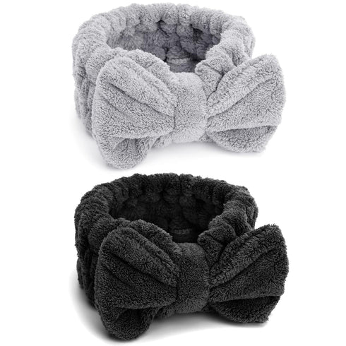 Cute Bow Spa Headbands for Women, Soft Coral Facial Shower Head Wraps for Makeup Washing Face Skincare