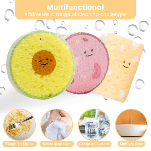 Cellulose Compressed Eco-Sponge 5 Pack, Avocado Sandwich Set, Plastic-Free & All-Natural Wood Pulp for Cleaning