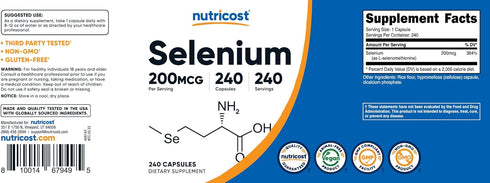 Nutricost Selenium 200mcg, 240 Vegetarian Capsules, Non-GMO, Gluten Free L-Selenomethionine
