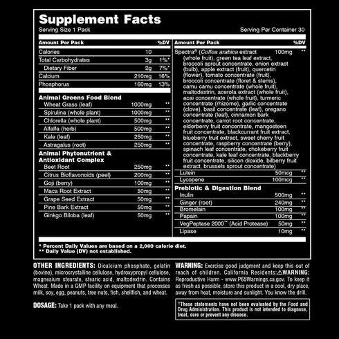 Animal Daily Greens Pill Packs - 30 Day Supply - Convenient Prebiotic and Probiotic Superfood Blend for Superior