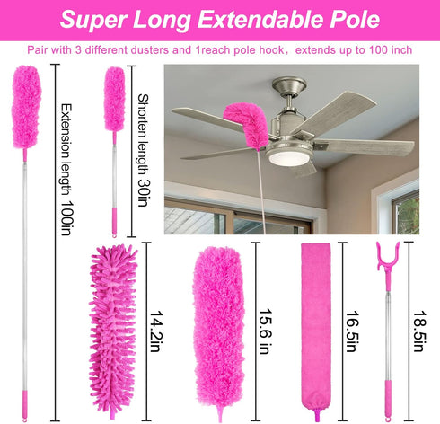 15PCS Microfiber Feather Duster Set Bendable & Washable with 100-inch Extension Pole Dusters for Cleaning High Ceiling Fan, Blinds, Cars, Furniture, Cleaning Tools Kit for Women by CALBEAU