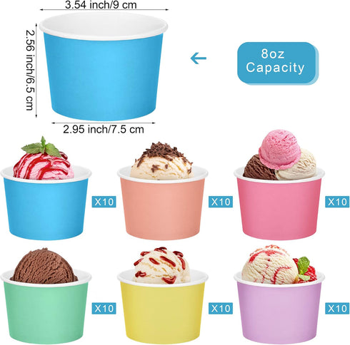 Aodaer 60 Pack Paper Ice Cream Cups 8 oz Paper Snack Ice Cream Bowls Disposable Dessert Bowls for Hot or Cold Food Party Supplies Treat Cups for Sundae, Frozen Yogurt, Soup, 6 Colors by Aodaer