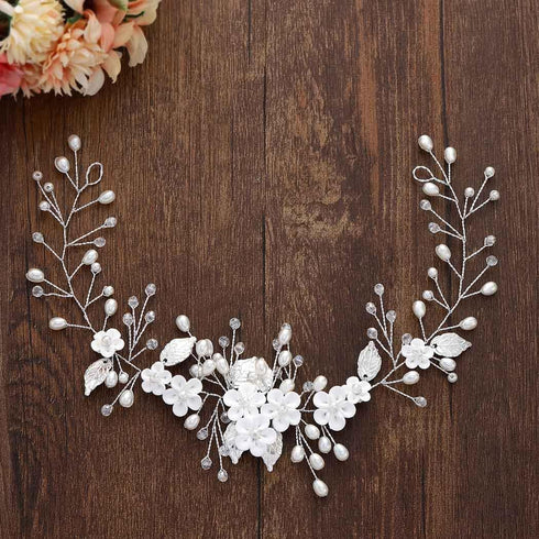 Unicra Silver Bride Wedding Hair Vine, Pearl Bridal Hair Piece with Leaf Hair Accessories (12.5 Inches)