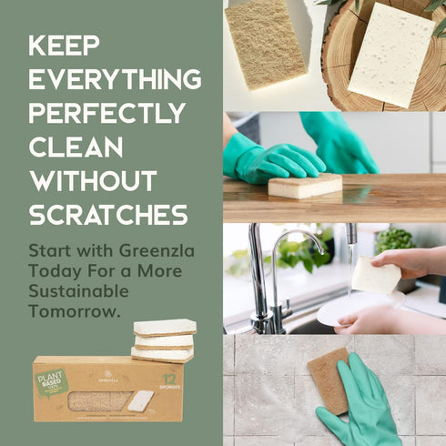 Greenzla Natural Kitchen Sponges 12 Pack - Plant-Based Biodegradable Sisal Hemp Dish Sponge, Eco-friendly & Non-Scratch