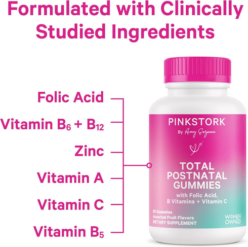 Pink Stork Total Postnatal Vitamin Gummies - Multivitamin for Postpartum Recovery & Lactation Support - 60 Gummy