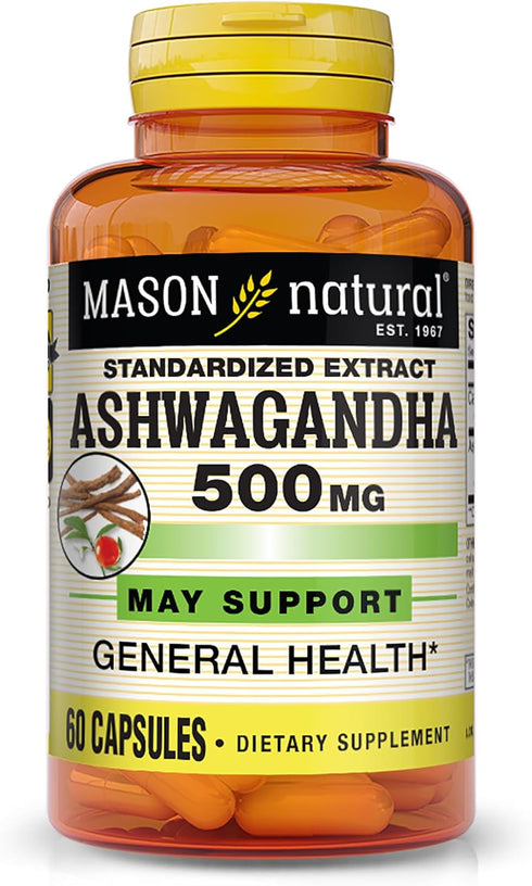 MASON NATURAL Herbal Supplement Ashwagandha 500 mg - Mood Support and Healthy Stress Response, 60 Capsules