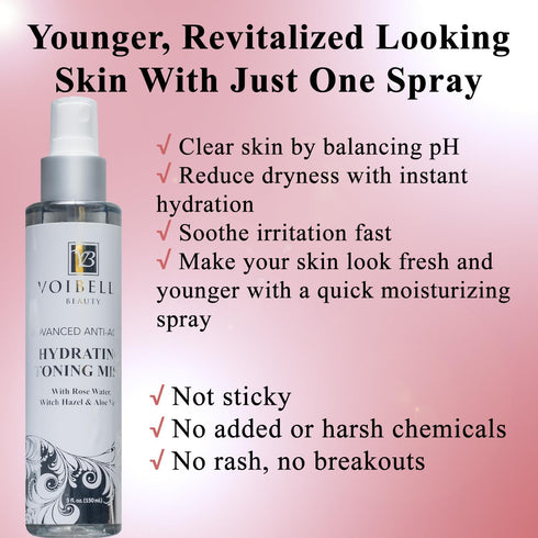 Organic Hydrating Toner for Face - Anti-Aging Rose Water, Witch Hazel & Aloe Vera Facial Mist