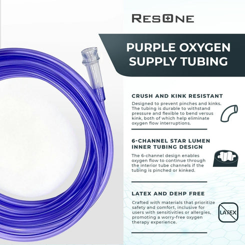 ResOne 5pk 50Ft Oxygen Supply Tubing, Crush Resistant Standard Connectors for Nasal Cannulas, Purple