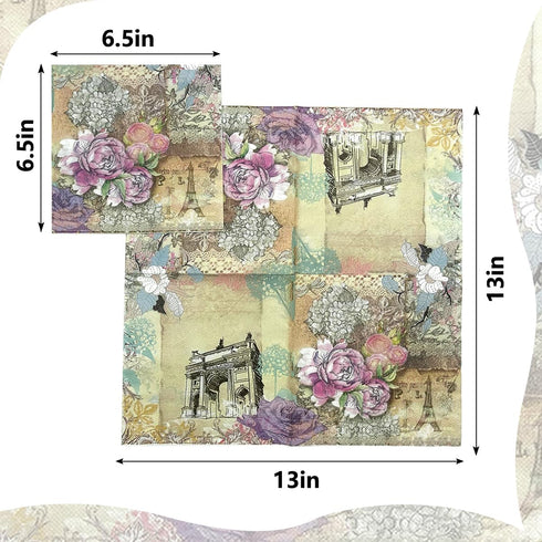 40 Count Decoupage Paper Napkins, Vintage Flowers Prints, 2-Ply Cocktail Napkins for Wedding, Dinner, Party
