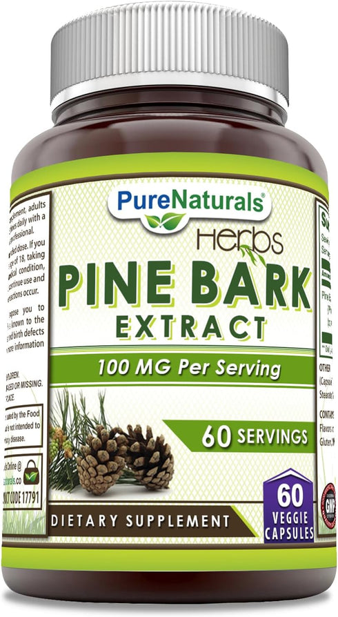 Pure Naturals Pine Bark Extract Supplement | 100 Mg Per Serving | 60 Veggie Capsules | Non-GMO, Gluten Free, Made in USA