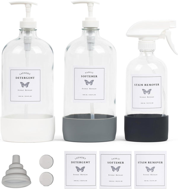 Glass Laundry Detergent Dispenser Set w/Silicone Base, 34 oz Laundry Pump Dispensers