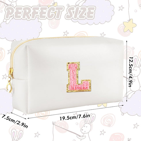 Initial Makeup Bag Personalized Preppy Travel Small Cosmetic Bag, Cute PU White Chenille Letter Pouch for Women