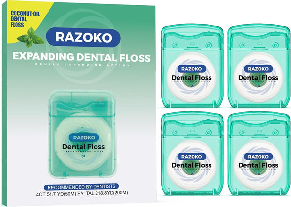 RAZOKO Expanding Coconut Oil Dental Floss, Mint Flavor, Suitable for Wide Spaces (55 Yards, 4 Count)