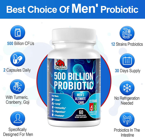 Probiotics for Men, 500 Billion CFU + 12 Strains with Turmeric, Cranberry & Goji, Ultimate Care, 60 Capsules for