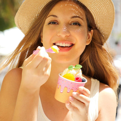 Jingmore 120 Set 4 oz Summer Paper Ice Cream Cups Bulk with Spoons Disposable Sundae Bowls Colorful Paper Dessert Cups