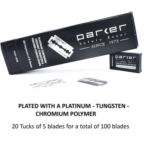 Parker 100-Count Double Edge Safety Razor Blades, Premium Platinum-Tungsten-Chromium Coated Stainless Steel for Smooth