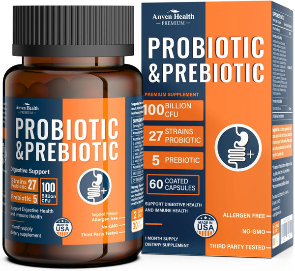 100 Billion Probiotics for Men and Women, 60 Caps - 27 Strains & 5 Organic Prebiotics for Gut & Immune Health