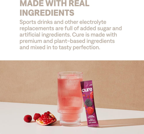 Cure Hydration | Plant-Based Electrolyte Drink Mix | Berry Pomegranate | Box of 8 Packets | No Added Sugar | Vegan
