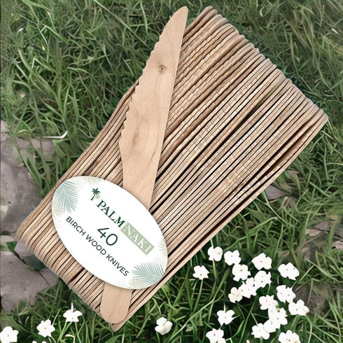 PALM NAKI Birchwood Cutlery (40 Count) - Disposable Eco-Friendly, Compostable, and Biodegradable Cutlery (Knives, 40