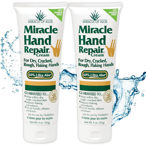 Miracle of Aloe’s Miracle Hand Repair Cream, 4 oz Healing Aloe Vera Lotion for Dry, Cracked Hands, Non-Greasy (2-Pack)