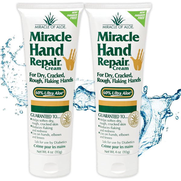 Miracle of Aloe’s Miracle Hand Repair Cream, 4 oz Healing Aloe Vera Lotion for Dry, Cracked Hands, Non-Greasy (2-Pack)