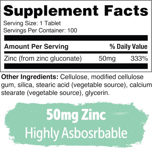 Yuve Natural Vegan Zinc Supplements 50mg, Immune Support, Fast Relief from Colds and Flu, Acne Free Skin, Healthy Hormone Levels, Non-GMO, Gluten & Sugar Free - 100 Vegetarian Tablets