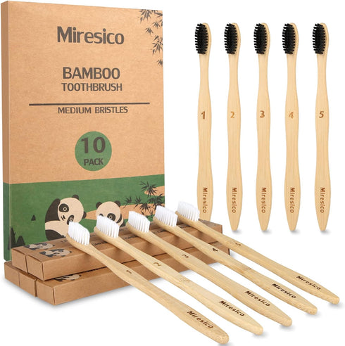 Bamboo Toothbrushes (10 Pack), Eco-Friendly Medium Firm Bristles, Natural Biodegradable Charcoal Wooden Tooth Brush