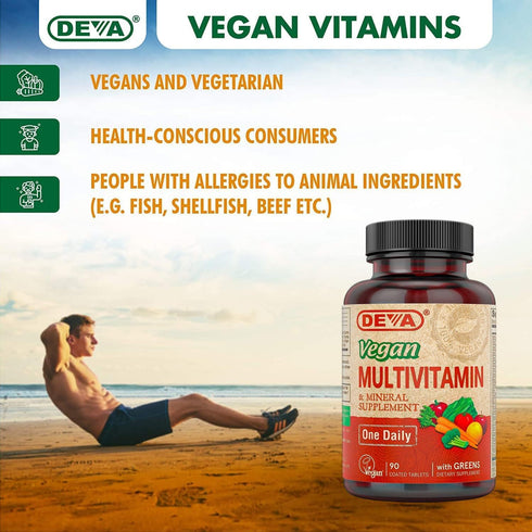 DEVA Vegan Multivitamin and Mineral Supplement - Once-Per-Day Formula with Greens, 90 Coated Tablets