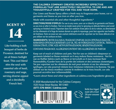 Caldrea Linen and Room Spray Air Freshener, 16 oz, Basil Blue Sage Scent, Made with Essential Oils
