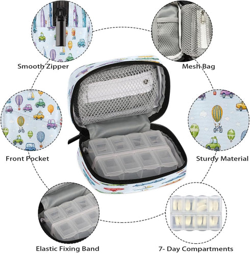 Skerhhux 7 Colorful Cartoon Cars Pill Case Travel Pill Organizer Weekly Day Portable with Zipper Medicine Box Pill Case