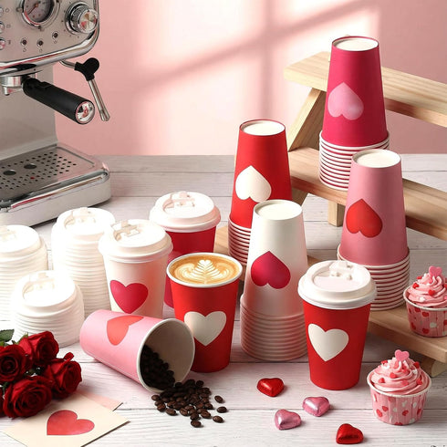 Jingmore 48 12oz Pcs Valentine's Day Coffee Paper Cups with Lids Galentines Paper Beverage Hot Chocolate Cocoa Cups