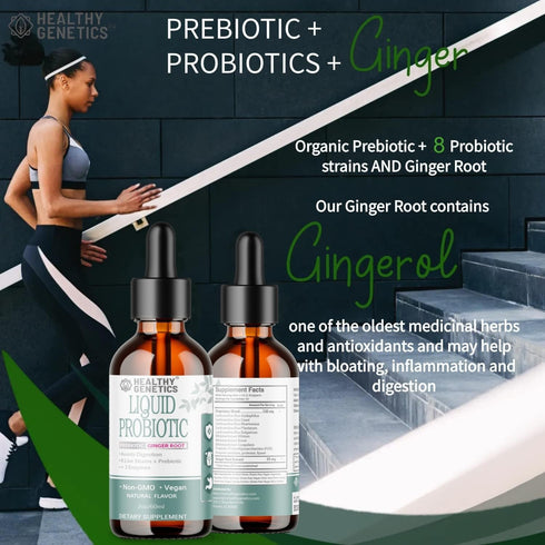 Liquid Probiotics for Women Men & Kids - Prebiotic + Ginger + Probiotics for Digestive Health, 30 Servings