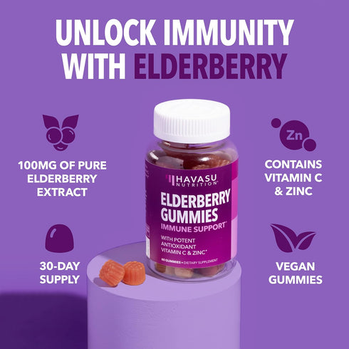 Sambucus Black Elderberry Gummies for Adults - 60 Count with Zinc and Vitamin C for Immune Support