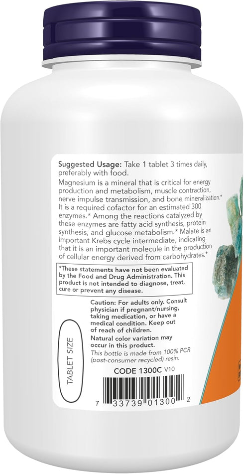 NOW Supplements, Magnesium Malate 1000 mg, Energy Production & Nervous System Support, 180 Tablets
