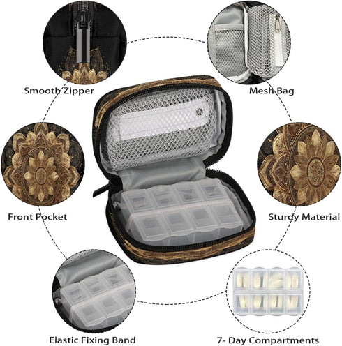 Skerhhux 7 Golden Art Mandala Pill Case Travel Pill Organizer Weekly Day Portable with Zipper Medicine Box Pill Case