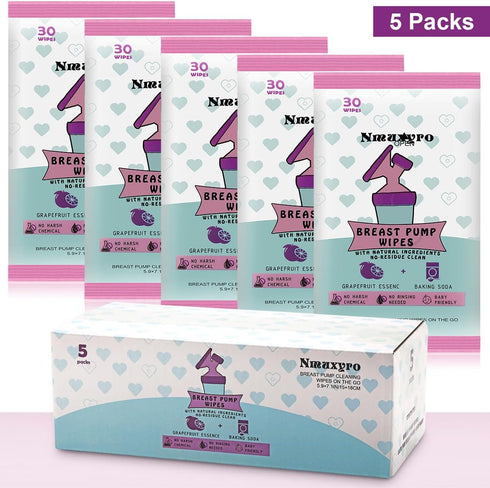 Nmuxyro 5 Packs Breast Pump Wipes, Natural Pump Parts Cleaning On The Go, Resealable Manual Pacifier Wipe Quick Clean
