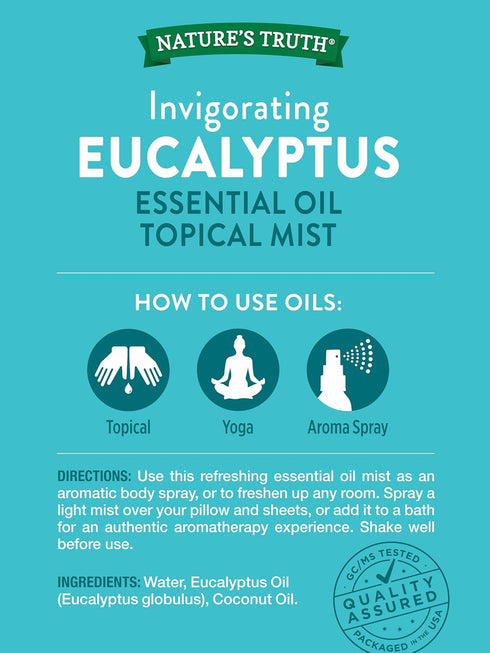 Nature's Truth Eucalyptus Mist Spray, 2.4 fl oz, 100% Pure Essential Oil for Aromatherapy, GC/MS Tested