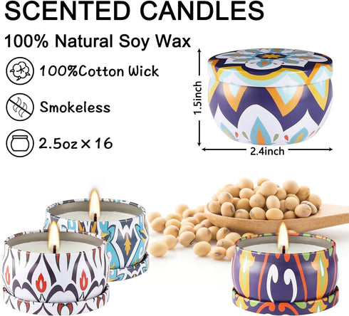 Wfmolcand 16 Pack Set-2.5 oz 100% Small Scented Candles Aromatherapy Candle Natural Soy Wax-Portable Travel Tin Candle