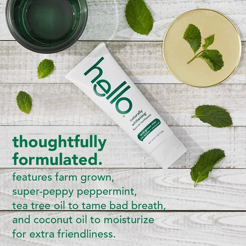 Hello Naturally Whitening Fluoride Toothpaste, Natural Peppermint Flavor and Tea Tree Oil, Peroxide Free, Gluten Free,