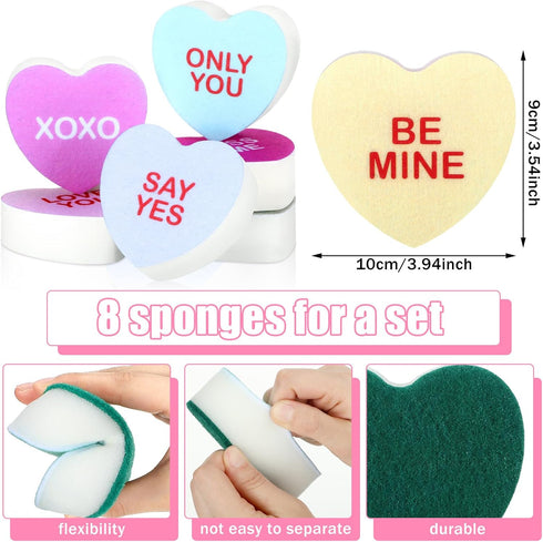 Domensi 8pcs Valentine's Day Candy Heart Shaped Kitchen Sponges Dual Sided Scrub Dish Sponges Reusable with Love You Kiss Me Non Scratch Sponge for Kitchen Cleaning by Domensi