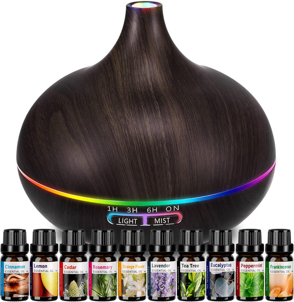 Aromatherapy Essential Oil Diffuser Set - 550ML Ultrasonic Humidifier for Large Rooms, Vaporizer and Aroma Diffuser