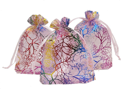 100pcs Sheer Organza Favor Bags, Rattan Print Gift Bags, Drawstring Pouches for Wedding Baby Shower (3x4 inch, coral