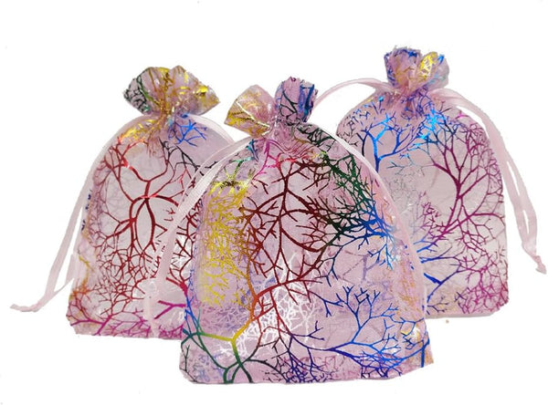 100pcs Sheer Organza Favor Bags, Rattan Print Gift Bags, Drawstring Pouches for Wedding Baby Shower (3x4 inch, coral