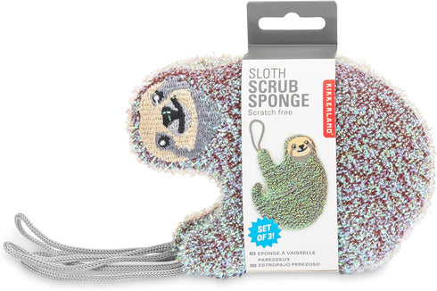 Set 3 Kikkerland Reusable Sloth Scrub Sponge Cleaning Supplies for Kitchen, Home Essentials Fun Gifts for Kids & Adults