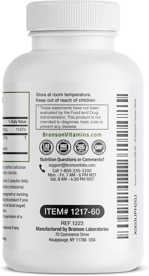 Bronson Cinnamon Plus Chromium Picolinate Supplement, High Potency Chromium, Non-GMO, 60 Vegetarian Capsules