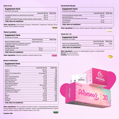 Packs 30 D3+K2, NR1000, 30 Multivitamin for Women Daily Vitamin for plus with Probiotics & Ashwagandha | Supplement