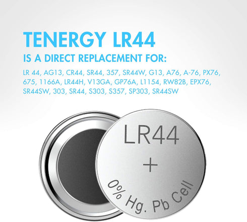 Tenergy 1.5 Volt LR44 Battery, Button Cell LR44, ag13/LR44 Equivalent, Ideal for Electronics, 20 Pack