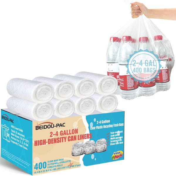 2-4 Gallon Trash Bags, 400 Count Bulk, Clear Plastic Recycling Bags for Home, Bathroom, Kitchen, Commercial