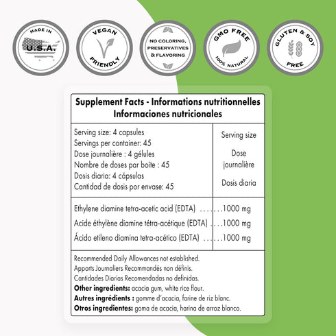 Supersmart EDTA 1000mg Calcium Disodium EDTA Supplement - 180 Vegetarian Capsules, Non-GMO & Gluten Free